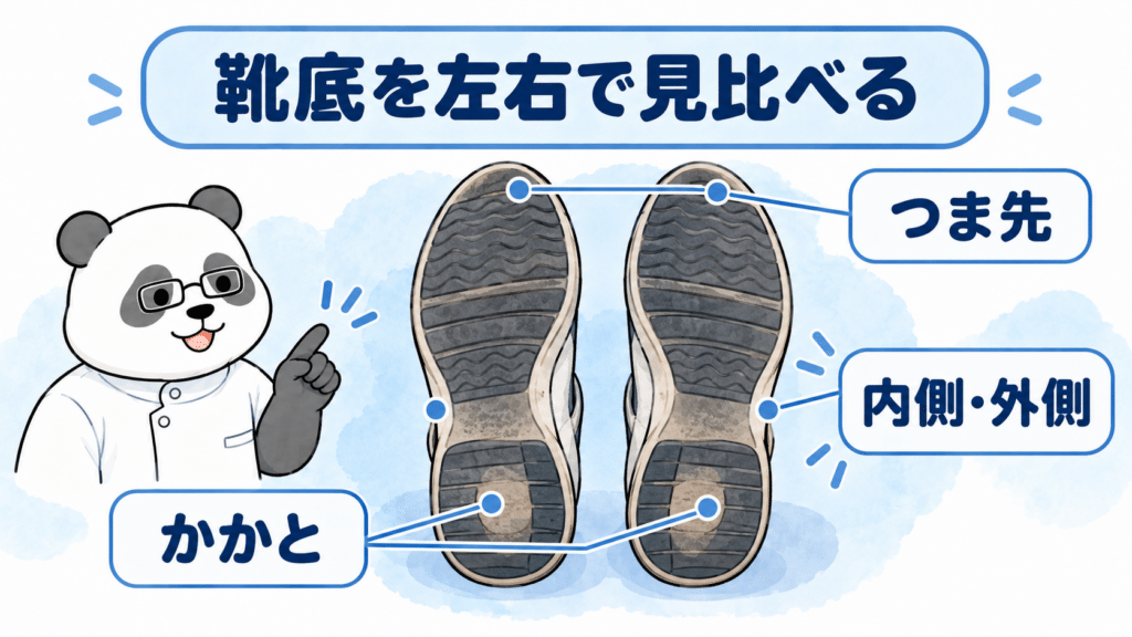 左右の靴底を並べ、かかと、つま先、内側と外側を見比べる位置を示す図解