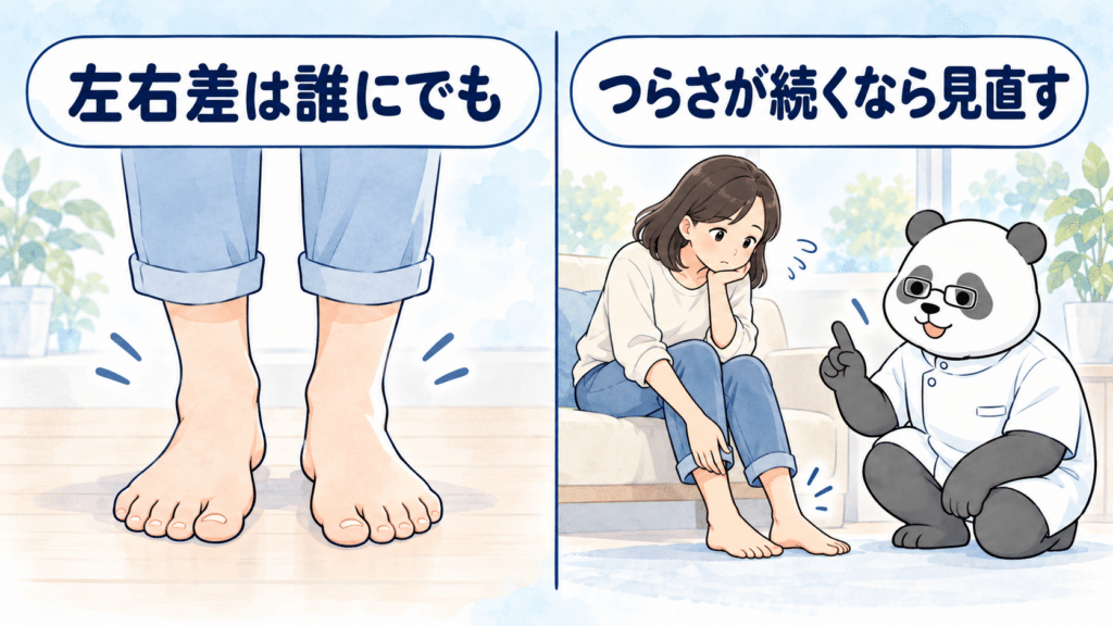 左右差は誰にでもあり、同じ側のつらさが続くなら身体の使い方を見直すきっかけになると示す図解