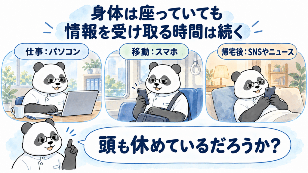 仕事中はパソコン、移動中はスマホ、帰宅後もSNSやニュースと、座っている間にも情報を受け取る生活の流れ。