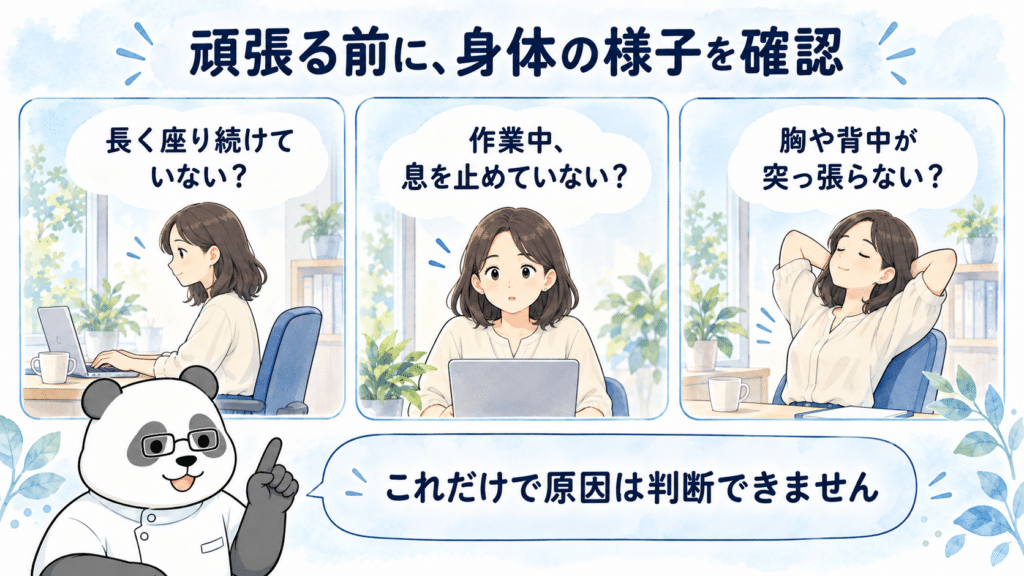 長く座る、作業中の呼吸、胸や背中の突っ張りを振り返る3つの図。これだけで原因は判断できないと説明する。