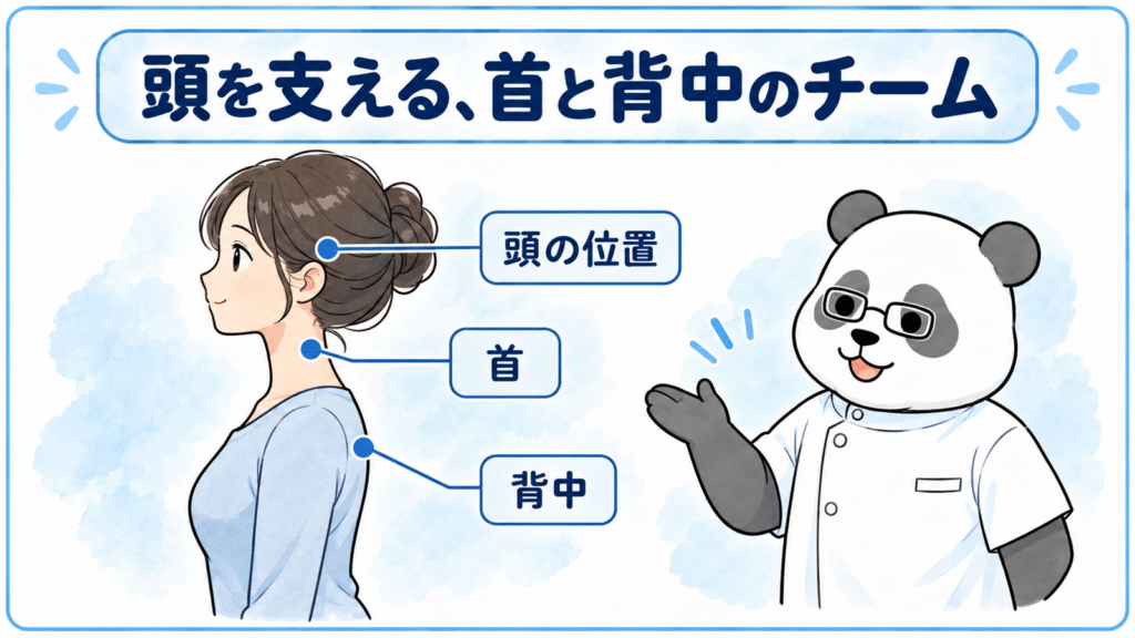 頭の位置だけでなく、首と背中のつながりも見る視点