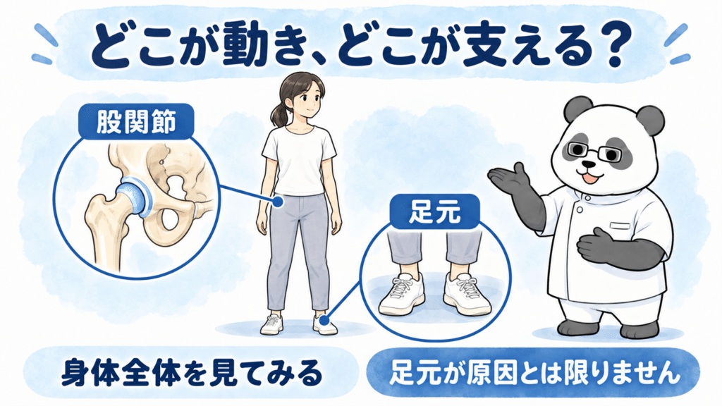 立った人の股関節と足元を示し、動きと支えを身体全体から確認する視点を伝える図。