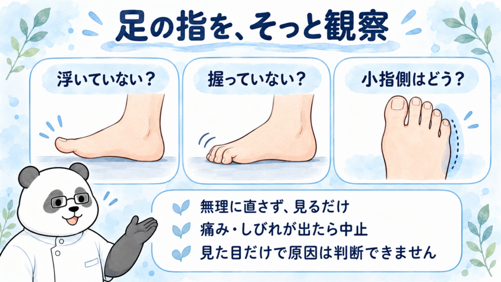 足指の浮き、握り、小指側の形を見る3項目と、無理をしない観察の注意を示した図。