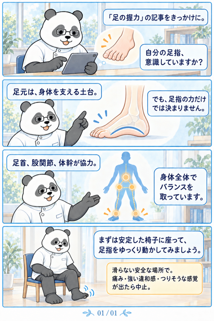 足の握力のニュースをきっかけに、足首・股関節・体幹の協力を考える4コマ。最後に安定した椅子に座って足指を動かし、痛みや強い違和感、つりそうな感覚が出たら中止する注意を掲載。