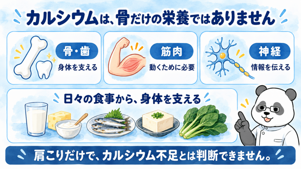 骨、筋肉、神経でのカルシウムの役割と食品例を並べる。肩こりだけでカルシウム不足を判断できないことを示す。